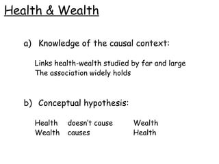 Health & Wealth Knowledge of the causal context: Links health-wealth studied by far and large The association widely holds Conceptual hypothesis: Health doesn’t cause Wealth Wealth causes Health 