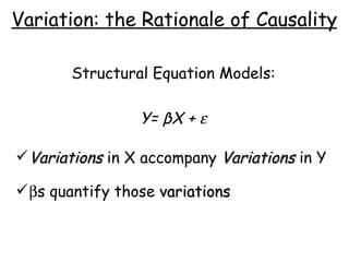 Variation: the Rationale of Causality Structural Equation Models: Y=  β X +   Variations  in X accompany  Variations  in Y  s quantify those  variations 