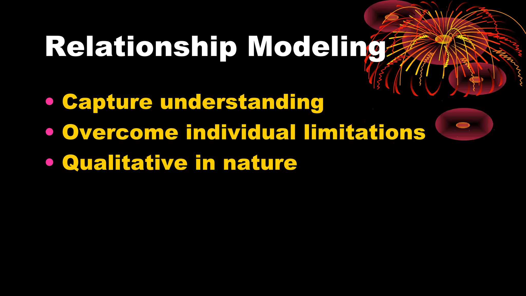 Relationship Modeling
• Capture understanding
• Overcome individual limitations
• Qualitative in nature
 