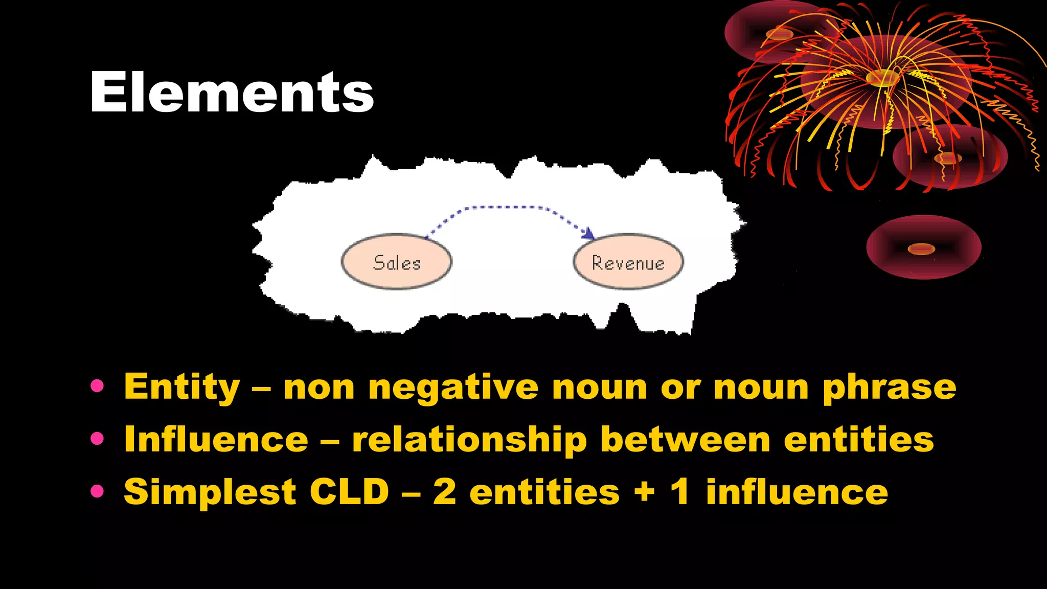 Elements
• Entity – non negative noun or noun phrase
• Influence – relationship between entities
• Simplest CLD – 2 entities + 1 influence
 