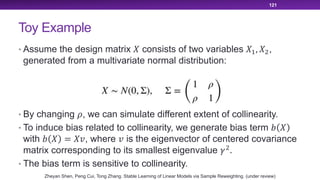 Toy Example
• Assume the design matrix ! consists of two variables !", !$,
generated from a multivariate normal distribution:
• By changing %, we can simulate different extent of collinearity.
• To induce bias related to collinearity, we generate bias term & !
with & ! = !(, where ( is the eigenvector of centered covariance
matrix corresponding to its smallest eigenvalue )$
.
• The bias term is sensitive to collinearity.
121
Zheyan Shen, Peng Cui, Tong Zhang. Stable Learning of Linear Models via Sample Reweighting. (under review)
 
