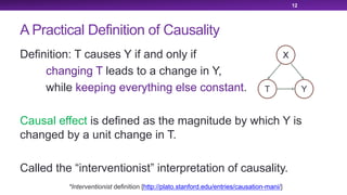 A Practical Definition of Causality
Definition: T causes Y if and only if
changing T leads to a change in Y,
while keeping everything else constant.
Causal effect is defined as the magnitude by which Y is
changed by a unit change in T.
Called the “interventionist” interpretation of causality.
12
http://plato.stanford.edu/entries/causation-mani/
X
T Y
 
