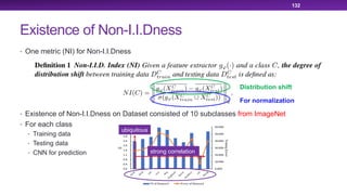 Existence of Non-I.I.Dness
• One metric (NI) for Non-I.I.Dness
• Existence of Non-I.I.Dness on Dataset consisted of 10 subclasses from ImageNet
• For each class
• Training data
• Testing data
• CNN for prediction
132
ubiquitous
strong correlation
Distribution shift
For normalization
 