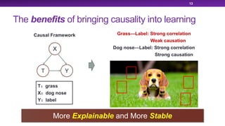 13
The benefits of bringing causality into learning
Causal Framework
T grass
X dog nose
Y label
Grass—Label: Strong correlation
Weak causation
Dog nose—Label: Strong correlation
Strong causation
X
T Y
More Explainable and More Stable
 