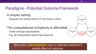 Paradigms - Potential Outcome Framework
• A simpler setting
• Suppose the confounders of T are known a priori
• The computational complexity is affordable
• Under stronger assumptions
• E.g. all confounders need to be observed
18
More like a discriminative way to estimate treatment’s
partial effect on outcome.
 