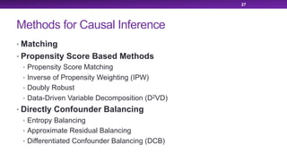Methods for Causal Inference
• Matching
• Propensity Score Based Methods
• Propensity Score Matching
• Inverse of Propensity Weighting (IPW)
• Doubly Robust
• Data-Driven Variable Decomposition (D2VD)
• Directly Confounder Balancing
• Entropy Balancing
• Approximate Residual Balancing
• Differentiated Confounder Balancing (DCB)
27
 