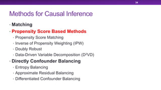 Methods for Causal Inference
• Matching
• Propensity Score Based Methods
• Propensity Score Matching
• Inverse of Propensity Weighting (IPW)
• Doubly Robust
• Data-Driven Variable Decomposition (D2VD)
• Directly Confounder Balancing
• Entropy Balancing
• Approximate Residual Balancing
• Differentiated Confounder Balancing
34
 