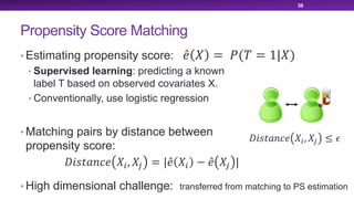 Propensity Score Matching
• Estimating propensity score:
• Supervised learning: predicting a known
label T based on observed covariates X.
• Conventionally, use logistic regression
• Matching pairs by distance between
propensity score:
• High dimensional challenge:
36
!"#$%&'( )*, ), ≤ .
̂( ) = 1(3 = 1|))
!"#$%&'( )*, ), = | ̂( )* − ̂( ), |
transferred from matching to PS estimation
 