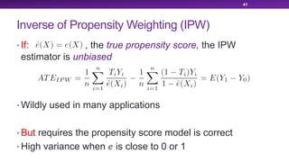 Inverse of Propensity Weighting (IPW)
• If: , the true propensity score, the IPW
estimator is unbiased
• Wildly used in many applications
• But requires the propensity score model is correct
• High variance when ! is close to 0 or 1
41
 