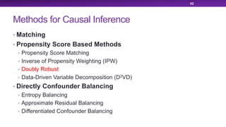 Methods for Causal Inference
• Matching
• Propensity Score Based Methods
• Propensity Score Matching
• Inverse of Propensity Weighting (IPW)
• Doubly Robust
• Data-Driven Variable Decomposition (D2VD)
• Directly Confounder Balancing
• Entropy Balancing
• Approximate Residual Balancing
• Differentiated Confounder Balancing
42
 