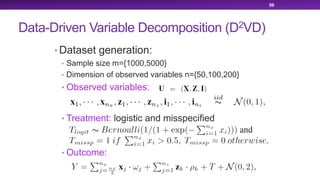 Data-Driven Variable Decomposition (D2VD)
• Dataset generation:
• Sample size m={1000,5000}
• Dimension of observed variables n={50,100,200}
• Observed variables:
• Treatment: logistic and misspecified
• Outcome:
56
 