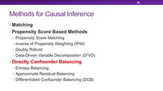 Methods for Causal Inference
• Matching
• Propensity Score Based Methods
• Propensity Score Matching
• Inverse of Propensity Weighting (IPW)
• Doubly Robust
• Data-Driven Variable Decomposition (D2VD)
• Directly Confounder Balancing
• Entropy Balancing
• Approximate Residual Balancing
• Differentiated Confounder Balancing (DCB)
65
 