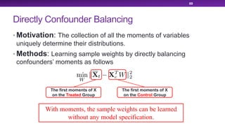 Directly Confounder Balancing
• Motivation: The collection of all the moments of variables
uniquely determine their distributions.
• Methods: Learning sample weights by directly balancing
confounders’ moments as follows
69
The first moments of X
on the Control Group
The first moments of X
on the Treated Group
With moments, the sample weights can be learned
without any model specification.
 