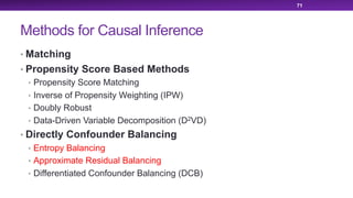 Methods for Causal Inference
• Matching
• Propensity Score Based Methods
• Propensity Score Matching
• Inverse of Propensity Weighting (IPW)
• Doubly Robust
• Data-Driven Variable Decomposition (D2VD)
• Directly Confounder Balancing
• Entropy Balancing
• Approximate Residual Balancing
• Differentiated Confounder Balancing (DCB)
71
 