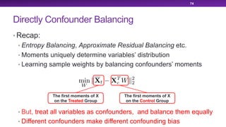 Directly Confounder Balancing
• Recap:
• Entropy Balancing, Approximate Residual Balancing etc.
• Moments uniquely determine variables’ distribution
• Learning sample weights by balancing confounders’ moments
• But, treat all variables as confounders, and balance them equally
• Different confounders make different confounding bias
74
The first moments of X
on the Control Group
The first moments of X
on the Treated Group
 