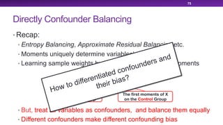 Directly Confounder Balancing
• Recap:
• Entropy Balancing, Approximate Residual Balancing etc.
• Moments uniquely determine variables’ distribution
• Learning sample weights by balancing confounders’ moments
• But, treat all variables as confounders, and balance them equally
• Different confounders make different confounding bias
75
The first moments of X
on the Control Group
The first moments of X
on the Treated Group
How to differentiated confounders and
their bias?
 