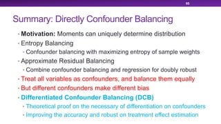 Summary: Directly Confounder Balancing
• Motivation: Moments can uniquely determine distribution
• Entropy Balancing
• Confounder balancing with maximizing entropy of sample weights
• Approximate Residual Balancing
• Combine confounder balancing and regression for doubly robust
• Treat all variables as confounders, and balance them equally
• But different confounders make different bias
• Differentiated Confounder Balancing (DCB)
• Theoretical proof on the necessary of differentiation on confounders
• Improving the accuracy and robust on treatment effect estimation
95
 