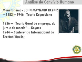 Monetarismo - JOHN MAYNARD KEYNES – 1883 – 1946 - Teoria Keynesiana 1936 – “Teoria Geral do emprego, do juro e da moeda” – Keynes 1944 – Conferencia Internacional de Bretton Woods; Análise do Convívio Humano 