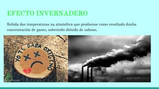 EFECTO INVERNADERO
Subida das temperaturas na atmósfera que producese como resultado dunha
concentración de gases, sobretodo dióxido de cabono.
 