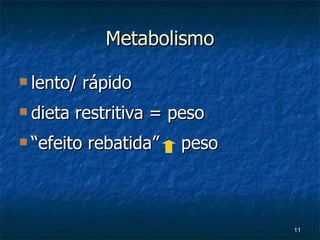 Metabolismo lento/ rápido dieta restritiva = peso “ efeito rebatida”  peso 