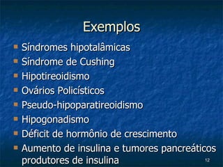 Exemplos Síndromes hipotalâmicas Síndrome de Cushing Hipotireoidismo Ovários Policísticos Pseudo-hipoparatireoidismo Hipogonadismo Déficit de hormônio de crescimento Aumento de insulina e tumores pancreáticos produtores de insulina 