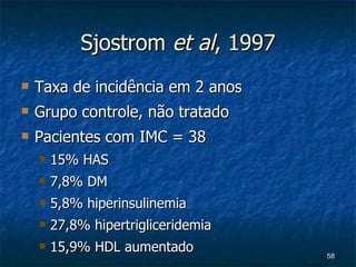 Sjostrom  et al , 1997 Taxa de incidência em 2 anos Grupo controle, não tratado Pacientes com IMC = 38 15% HAS 7,8% DM 5,8% hiperinsulinemia 27,8% hipertrigliceridemia 15,9% HDL aumentado 