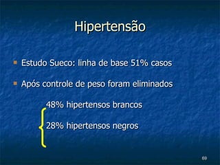 Hipertensão Estudo Sueco: linha de base 51% casos Após controle de peso foram eliminados 48% hipertensos brancos 28% hipertensos negros 