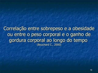 Correlação entre sobrepeso e a obesidade ou entre o peso corporal e o ganho de gordura corporal ao longo do tempo  (Bouchard C., 2000) 