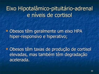 Eixo Hipotalâmico-pituitário-adrenal e níveis de cortisol Obesos têm geralmente um eixo HPA hiper-responsivo e hiperativo; Obesos têm taxas de produção de cortisol elevadas, mas também têm degradação acelerada. 