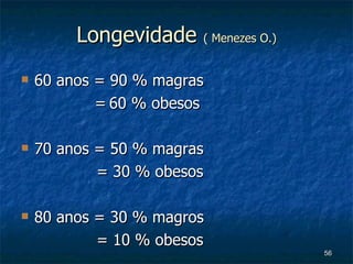 Longevidade  ( Menezes O.) 60 anos = 90 % magras =   60 % obesos 70 anos = 50 % magras  = 30 % obesos 80 anos = 30 % magros  = 10 % obesos 