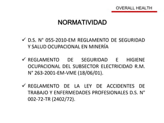  D.S. N° 055-2010-EM REGLAMENTO DE SEGURIDAD
Y SALUD OCUPACIONAL EN MINERÍA
 REGLAMENTO DE SEGURIDAD E HIGIENE
OCUPACIONAL DEL SUBSECTOR ELECTRICIDAD R.M.
N° 263-2001-EM-VME (18/06/01).
 REGLAMENTO DE LA LEY DE ACCIDENTES DE
TRABAJO Y ENFERMEDADES PROFESIONALES D.S. N°
002-72-TR (2402/72).
NORMATIVIDAD
OVERALL HEALTH
 