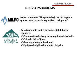 Nuestro lema es: “Ningún trabajo es tan urgente
que se deba hacer sin seguridad … Ninguno”
NUEVO PARADIGMA
OVERALL HEALTH
Para tener bajo índice de accidentabilidad se
requiere:
 Cooperación dentro y entre equipos de trabajo.
 Cuidado del prójimo.
 Gran orgullo organizacional.
 Equipos disciplinados y auto dirigidos
 