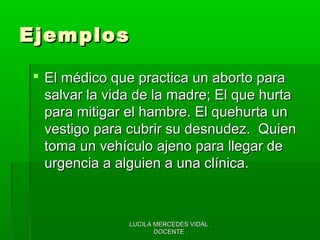 LUCILA MERCEDES VIDAL .LUCILA MERCEDES VIDAL .
DOCENTE .DOCENTE .
EjemplosEjemplos
 El médico que practica un aborto paraEl médico que practica un aborto para
salvar la vida de la madre; El que hurtasalvar la vida de la madre; El que hurta
para mitigar el hambre. El quehurta unpara mitigar el hambre. El quehurta un
vestigo para cubrir su desnudez. Quienvestigo para cubrir su desnudez. Quien
toma un vehículo ajeno para llegar detoma un vehículo ajeno para llegar de
urgencia a alguien a una clínica.urgencia a alguien a una clínica.
 