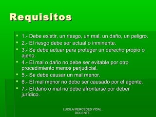 LUCILA MERCEDES VIDAL .LUCILA MERCEDES VIDAL .
DOCENTE .DOCENTE .
RequisitosRequisitos
 1.- Debe existir, un riesgo, un mal, un daño, un peligro.1.- Debe existir, un riesgo, un mal, un daño, un peligro.
 2.- El riesgo debe ser actual o inminente.2.- El riesgo debe ser actual o inminente.
 3.- Se debe actuar para proteger un derecho propio o3.- Se debe actuar para proteger un derecho propio o
ajeno.ajeno.
 4.- El mal o daño no debe ser evitable por otro4.- El mal o daño no debe ser evitable por otro
procedimiento menos perjudicial.procedimiento menos perjudicial.
 5.- Se debe causar un mal menor.5.- Se debe causar un mal menor.
 6.- El mal menor no debe ser causado por el agente.6.- El mal menor no debe ser causado por el agente.
 7.- El daño o mal no debe afrontarse por deber7.- El daño o mal no debe afrontarse por deber
jurídico.jurídico.
 