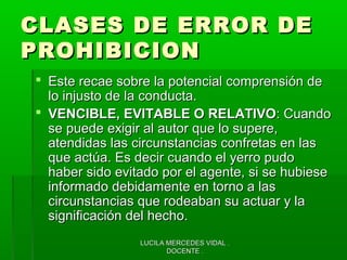 LUCILA MERCEDES VIDAL .LUCILA MERCEDES VIDAL .
DOCENTE .DOCENTE .
CLASES DE ERROR DECLASES DE ERROR DE
PROHIBICIONPROHIBICION
 Este recae sobre la potencial comprensión deEste recae sobre la potencial comprensión de
lo injusto de la conducta.lo injusto de la conducta.
 VENCIBLE, EVITABLE O RELATIVOVENCIBLE, EVITABLE O RELATIVO: Cuando: Cuando
se puede exigir al autor que lo supere,se puede exigir al autor que lo supere,
atendidas las circunstancias confretas en lasatendidas las circunstancias confretas en las
que actúa. Es decir cuando el yerro pudoque actúa. Es decir cuando el yerro pudo
haber sido evitado por el agente, si se hubiesehaber sido evitado por el agente, si se hubiese
informado debidamente en torno a lasinformado debidamente en torno a las
circunstancias que rodeaban su actuar y lacircunstancias que rodeaban su actuar y la
significación del hecho.significación del hecho.
 