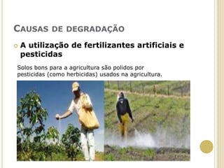 CAUSAS DE DEGRADAÇÃO
 A utilização de fertilizantes artificiais e
pesticidas
Solos bons para a agricultura são polidos por
pesticidas (como herbicidas) usados na agricultura.
 