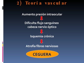 2) Te or í a vas c ul ar

  Aumento presión intraocular

   Dificulta flujo sanguíneo
     cabeza nervio óptico

       Isquemia crónica


    Atrofia fibras nerviosas

         CEGUERA
 