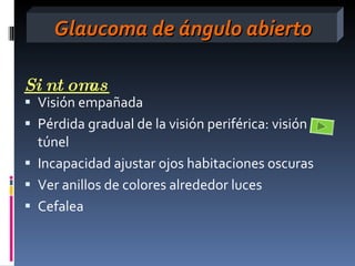Glaucoma de ángulo abierto

Si nt omas
 Visión empañada
 Pérdida gradual de la visión periférica: visión en
  túnel
 Incapacidad ajustar ojos habitaciones oscuras
 Ver anillos de colores alrededor luces
 Cefalea
 
