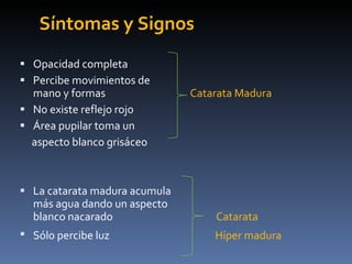 Síntomas y Signos
 Opacidad completa
 Percibe movimientos de
  mano y formas                Catarata Madura
 No existe reflejo rojo
 Área pupilar toma un
  aspecto blanco grisáceo



 La catarata madura acumula
  más agua dando un aspecto
  blanco nacarado                  Catarata
 Sólo percibe luz                 Híper madura
 