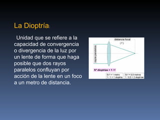 La Dioptría:
 Unidad que se refiere a la
capacidad de convergencia
o divergencia de la luz por
un lente de forma que haga
posible que dos rayos
paralelos confluyan por
acción de la lente en un foco
a un metro de distancia.
 