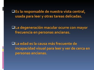  Es la responsable de nuestra vista central,
  usada para leer y otras tareas delicadas.

 La degeneración macular ocurre con mayor
  frecuencia en personas ancianas.

 La edad es la causa más frecuente de
  incapacidad visual para leer y ver de cerca en
  personas ancianas.
 
