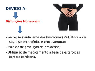 DEVIDO A:

Disfunções Hormonais



- Secreção insuficiente das hormonas (FSH, LH que vai
   segregar estrogénios e progesterona);
- Excesso de produção de prolactina;
- Utilização de medicamento à base de esteroídes,
   como a cortisona.
 