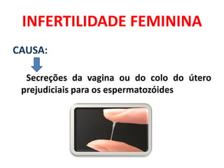 INFERTILIDADE FEMININA
CAUSA:

  Secreções da vagina ou do colo do útero
 prejudiciais para os espermatozóides
 