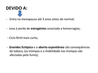 DEVIDO A:

- Entra na menopausa até 3 anos antes do normal;

- Leva à perda de estrogénios associada a hemorragias;

 - Ciclo fértil mais curto;

- Gravidez Ectópica e o aborto espontâneo são consequências
  do tabaco, (as trompas e a mobilidade nas trompas são
  afectadas pelo fumo);
 