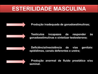 ESTERILIDADE MASCULINA
Produção inadequada de gonadoestimulinas;

Testículos incapazes de responder às
gonadoestimulinas e sintetizar testosterona;

Deficiência/inexistência de vias genitais:
epidídimos, canais deferentes e uretra;

Produção anormal de fluido prostático e/ou
seminal.

 