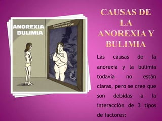 Las

causas

de

la

anorexia y la bulimia
todavía

no

están

claras, pero se cree que
son

debidas

a

la

interacción de 3 tipos
de factores:

 