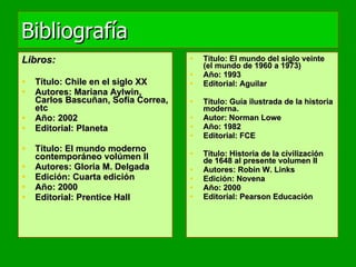 Bibliografía Libros: Título: Chile en el siglo XX Autores: Mariana Aylwin, Carlos Bascuñan, Sofía Correa, etc Año: 2002 Editorial: Planeta Título: El mundo moderno contemporáneo volúmen II Autores: Gloria M. Delgada Edición: Cuarta edición Año: 2000 Editorial: Prentice Hall Título: El mundo del siglo veinte (el mundo de 1960 a 1973) Año: 1993 Editorial: Aguilar Título: Guía ilustrada de la historia moderna.  Autor: Norman Lowe Año: 1982 Editorial: FCE Título: Historia de la civilización de 1648 al presente volumen II Autores: Robin W. Links Edición: Novena Año: 2000 Editorial: Pearson Educación 