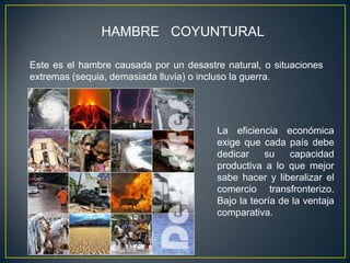 HAMBRE COYUNTURAL
Este es el hambre causada por un desastre natural, o situaciones
extremas (sequia, demasiada lluvia) o incluso la guerra.
La eficiencia económica
exige que cada país debe
dedicar su capacidad
productiva a lo que mejor
sabe hacer y liberalizar el
comercio transfronterizo.
Bajo la teoría de la ventaja
comparativa.
 