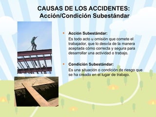 CAUSAS DE LOS ACCIDENTES:  Acción/Condición Subestándar Acción Subestándar:   Es todo acto u omisión que comete el trabajador, que lo desvía de la manera aceptada cómo correcta y segura para desarrollar una actividad o trabajo. Condición Subestándar:   Es una situación o condición de riesgo que se ha creado en el lugar de trabajo. 