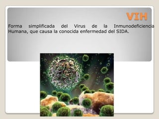 VIH
Forma simplificada del Virus de la Inmunodeficiencia
Humana, que causa la conocida enfermedad del SIDA.
 